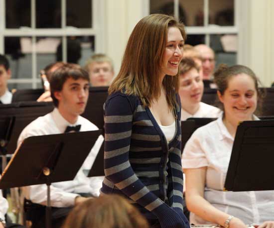 Bromfield honor band member Janet Sorrells thanks the MIT Band for their performance. 