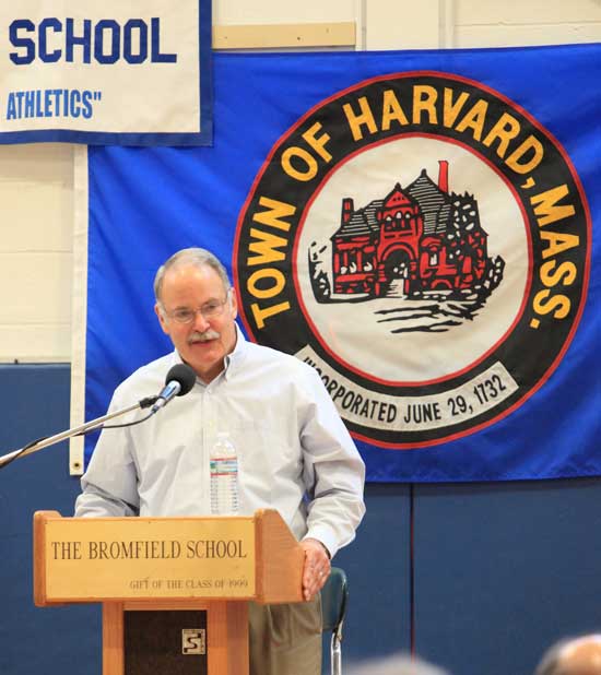 Moderator Bob Eubank leads Town Meeting attendees through 46 warrant articles.