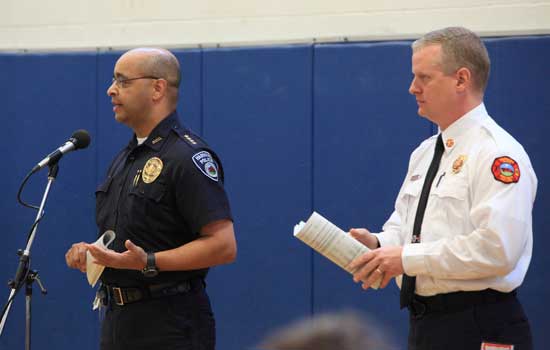 Police Chief Ed Denmark (left) and Fire Chief Rick Sicard explaiin the need to replace the town center air horn.