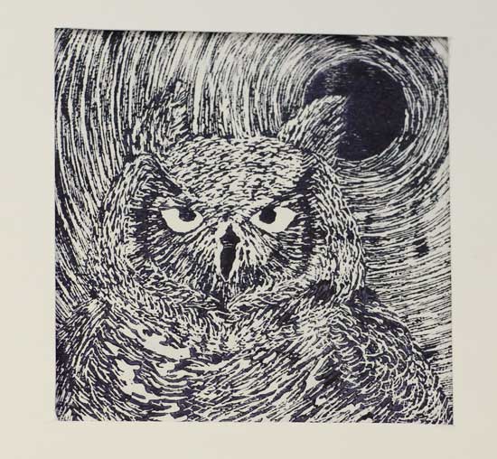 A pen-and-ink owl by junior Anne Donaldson.